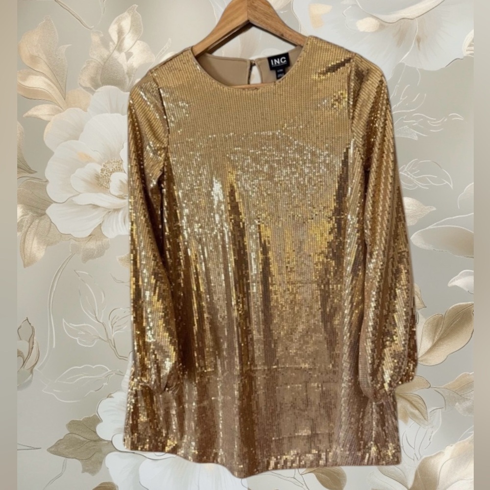 INC Gold Sequin Long Sleeve Dress Large